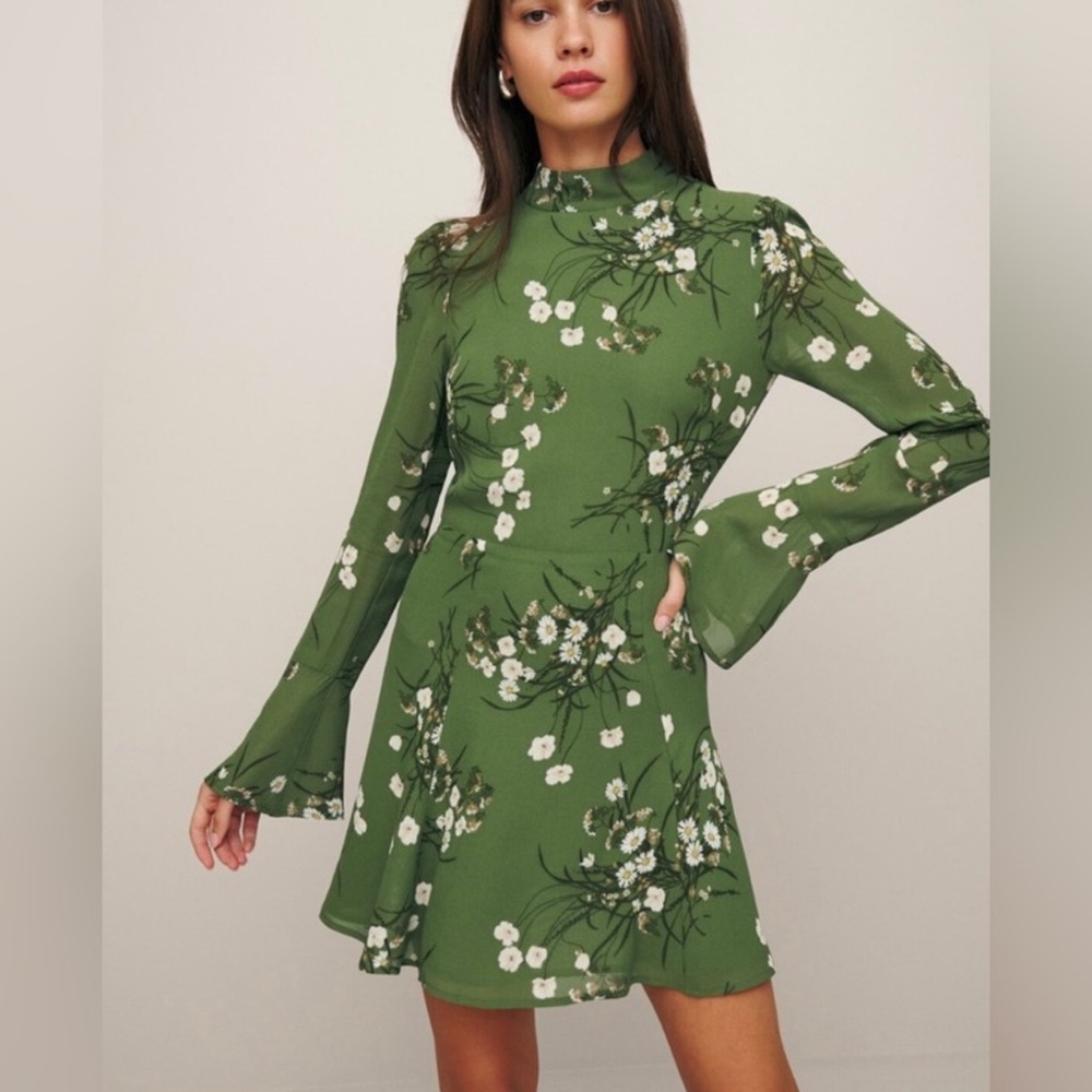 Reformation Persis Dress in Lomita Green Floral Mockneck Long Sleeve Size 2